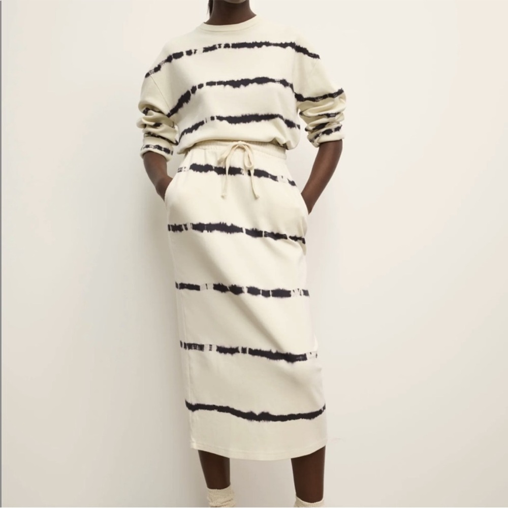 Zara Cream Midi Skirt Set with Black Tie-Dye Stripes